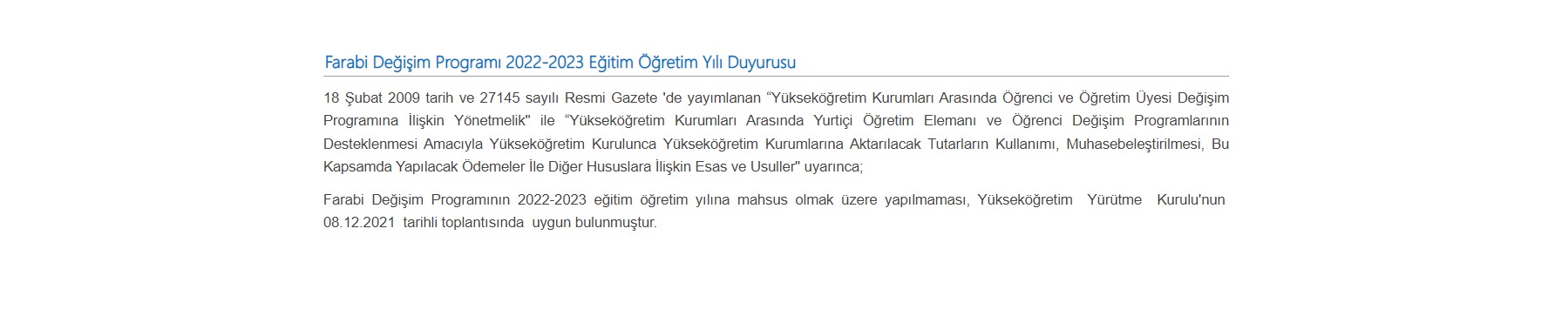 YÖK Farabi Programı ile ilgili Duyuru